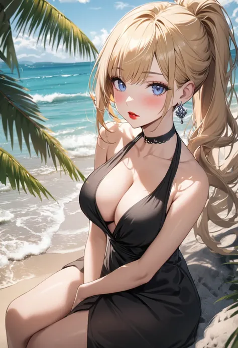 1girl, solo, long hair, breasts, looking at viewer, blush, bangs, blue eyes, blonde hair, large breasts, dress, cleavage, bare shoulders, jewelry, sitting, collarbone, ponytail, earrings, outdoors, parted lips, sleeveless, choker, day, water, black dress, ...