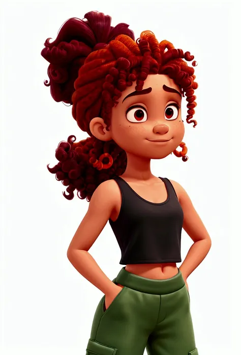  with black skin (maroon) and orange curly hair. Ponytail and loose side strands, Bangs that cover the eyes (deep-set, completely black eyes). wide nose. roupas de menino (green loose pants and white tank top). Represent her brave, in a fighting pose.