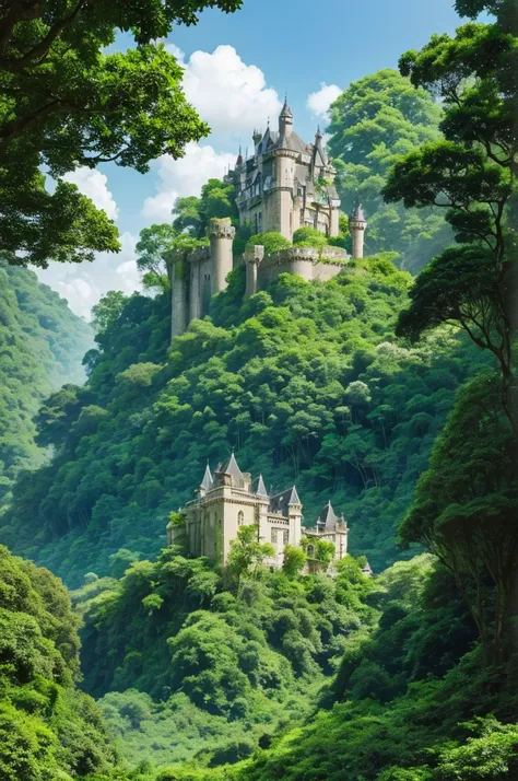 Create the image of a lush jungle, stands majestically an ancient stone castle, its imposing towers piercing the green canopy that embraces them with affection. The dense vegetation, a sea of emerald leaves and intertwined vines, appears to respect the cas...