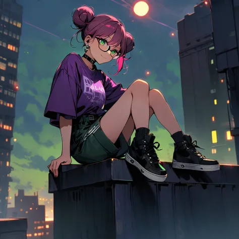 (well done: 1) woman, dark pink hair with light green tips tied into two low double buns, green eyes, earrings, glasses, black leather choker, purple t-shirt, dark green shorts, black sneakers.  sitting on top of a building