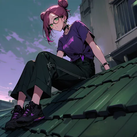 (well done: 1) woman, dark pink hair with light green tips tied into two low double buns, green eyes, earrings, glasses, black leather choker, purple t-shirt, dark green shorts, black sneakers.  sitting on top of a building