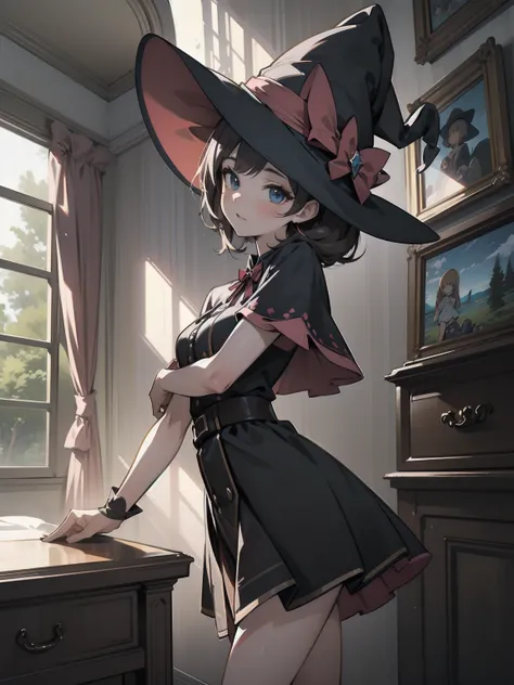 masterpiece, illustration, super detailed, kawaii, one girl, solo, witch in super cute pose, bed room, cowboy shot  ,sfw, Dynamic angle