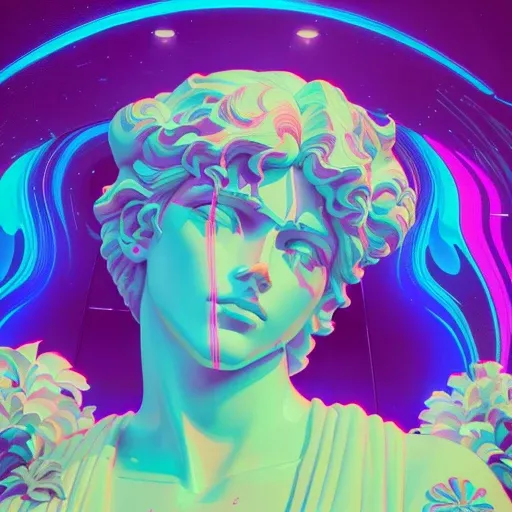 a close up of a statue with a neon background, baroque vaporwave statue, vaporwave style masterpiece, vaporwave art, vaporwave style, vaporwave, maximalist vaporwave, vaporwave aesthetics, vaporwave artwork composition, very vaporwave, vaporwave nostalgia,...