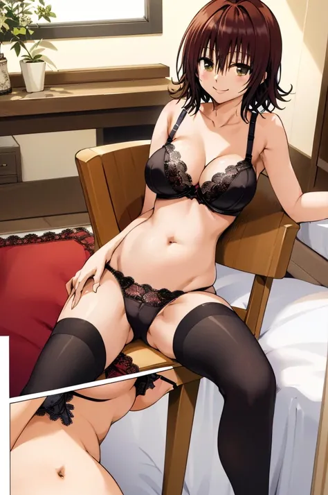 masterpiece, best quality, highres, aaryouko, short hair, , black thighhighs, indoors, , chair, smile, closed mouth,,(((lace panties,bra))),huge breasts,on bed