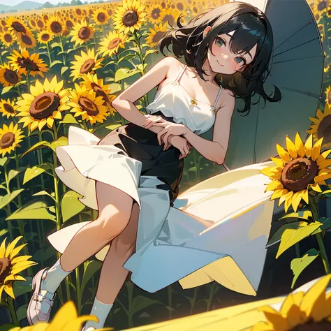 (high quality, High resolution, Very detailed, reality:1.37), Peaceful atmosphere, (Sunflower field), Teenage girl standing alone, (my breasts are big.), Beautiful details, Cute Smile, (Black bob hair), White camisole dress, White socks, loafers.