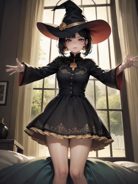 masterpiece, illustration, super detailed, kawaii, one girl, solo, witch in super cute pose, bed room, cowboy shot  ,sfw, Dynamic angle