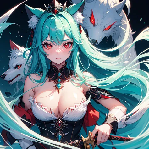 1woman, Beautiful, perfect anotomy, turquoise long hair, black scarlet eye, stature high, perfect face detail, queen wolf, god wolf, walking ice lake, fullmon, luciernagas, multiple sword around, good glowing, blushing, masterpiece, high quality, furry