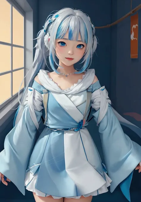 ultra-detailed, highly detailed, best quality, masterpiece, illustration, 
 a girl in a blue dress with white hair and blue eyes...