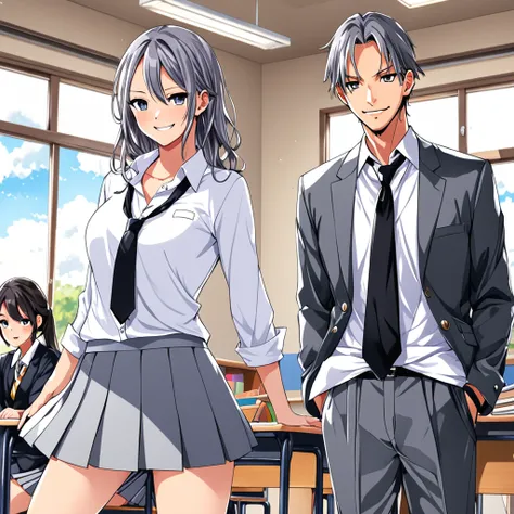 (1 male person：uniforme de estudante、black necktie、The jacket is a gray jacket, white  shirt, gray pants、Just one ear, Bblack hair 、gray eyes、a smirk,a gorgeous、refreshing)、(1womanl：long pink hair、blue colored eyes、小柄、Best Style、white  shirt、Red loop、unifo...