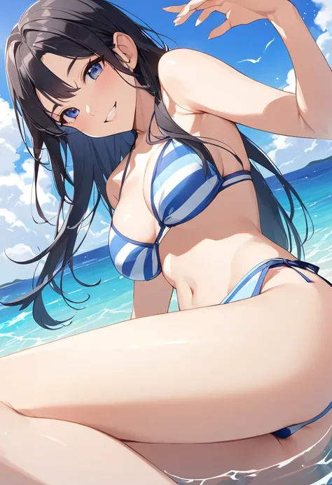 summer、Ocean、blue sky、beautiful girl、bikini、sexy、Low angle、Medium chest、Black Hair、Semi-long hair、smile