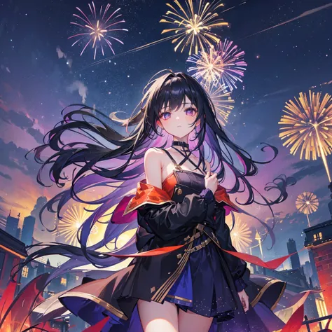 A mesmerizing scene featuring a young girl with shoulder-length black hair, wearing a dark blue jacket, standing amidst a large crowd at night. The sky is illuminated by a stunning display of fireworks, bursting into vibrant colors of red, orange, and purp...