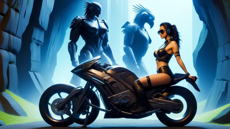 C7b3rp0nkStyle, dark night, prehistoric maze mysterial park, moai statue, waterfall, eagle, cyberpunk, sci-fi, futuristic, tech. (((((1girl, solo, alone, superbiker, close-up superbike shot))))), medium-breast:1.1 slim body, cleavage, sexy clothes, (headph...