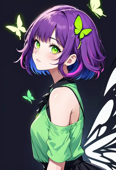 3/4 side face of a beautiful woman, realistic anime style, short shoulder-length wavy hair, butterfly cut bangs divided in half,...