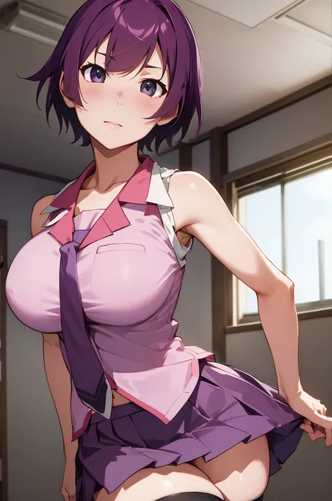 masterpiece, best quality, highres, sh1, senjougahara hitagi, short hair, sleeveless, necktie, , pleated skirt, black thighhighs, pink shirt, cowboy shot, classroom,huge breasts,curvy