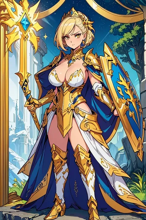 (masterpiece, best quality, high resolution, (huge breasts) 1 powerful woman, full body white and gold fantasy paladin costume, fantasy paladin sword and shield in hands, hair very short golden hair, male hairstyle, golden eyes,,(background white ,Stickers...