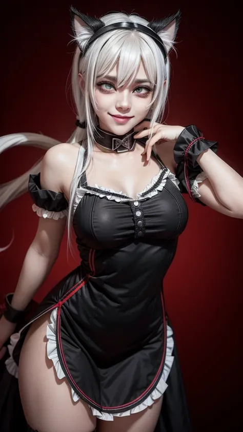 White hair，bit girl，dual horsetail，black-skinned，One eye is covered by bangs，cat ear，the maid outfit，Devilish charm，Sinister smile，Black whites of the eyeagic Array，Black and red background，slope，Cthulhu，Dark