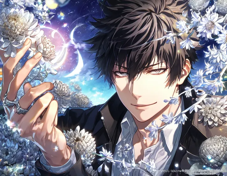 absurdres, highres, ultra detailed, HDR, master piece, best quality, extremely detailed, Kougami Shinya, black hair, expressive gray eyes, Psycho Pass, solo, sexy man, handsome, smile, black jacket, white shirt, fantasy, water, sparkling, silver glittering...