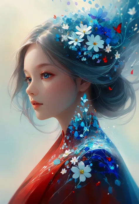 Beautiful girl with blue gradient dissolving pixels，The delicate face gradually disappears, Twisted but still fascinating, Thousand Flower Glass, swirl, Abstract Aesthetics, fantasy，magic，mystery，illusory，Dreamy，red symmetry, Concept map of the scene, Ultr...