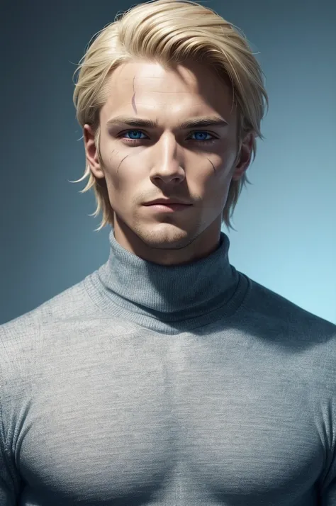 young man with blonde hair combed back. With dark and serious blue eyes, **he has multiple diagonal scars that go from one side of his face to the other as if they were scratches****he has multiple diagonal scars that go from one side of his face to the ot...