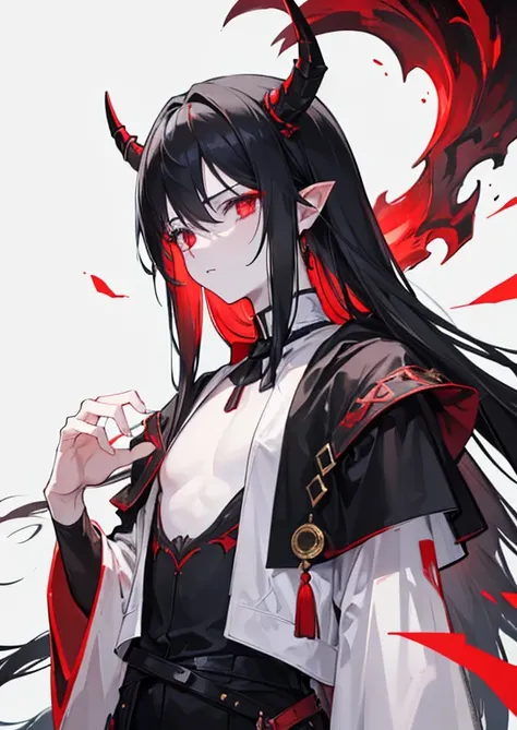 a boy with white skin, a scar on the neck, long black hair, red wide horn, red and black medieval class clothes, gold eyes