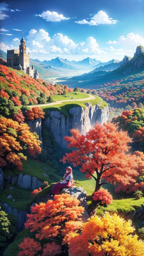 anime-style illustration, The image shows a young woman sitting watching overlooks the vast expanse of clear blue sky and underneath a large valley mountain, flower colorful color blue red green purple yellow, fantasy world medieval, rocks, tree branches, ...