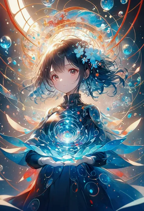 Anime style，Dynamic Angle，Beautiful girl with blue gradient dissolving pixels，The delicate face gradually disappears, Twisted but still fascinating, Thousand Flower Glass, swirl, Abstract Aesthetics, fantasy，magic，mystery，illusory，Dreamy，futuristic tech we...