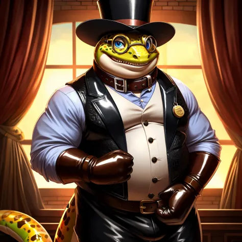 Solo, Male, fat, extremely obese, gentleman, dapper Professor Gecko, blue eyes, (posing:1.3), (soft shading), 4k, hi res, ((detailed face, detailed)), looking at viewer, mouth wide open, steampunk, collared shirt with buttons, top hat, male focus, Explorer...