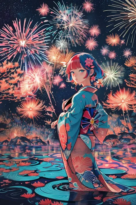 microphotography, anime girl made of glass in kimono silhouette, vibrant rainbow river, fireworks in night sky, colorful coral r...