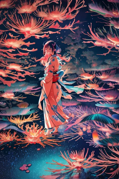 microphotography, anime girl made of glass in kimono silhouette, vibrant rainbow river, fireworks in night sky, colorful coral r...