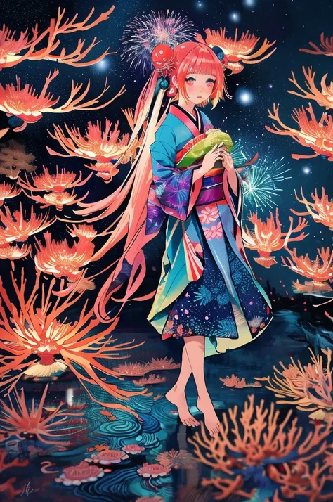 Microphotography, Anime girl made of glass in kimono silhouette, vibrant rainbow river, fireworks in night sky, colorful coral reefs, detailed illustration, Ukiyo-e style