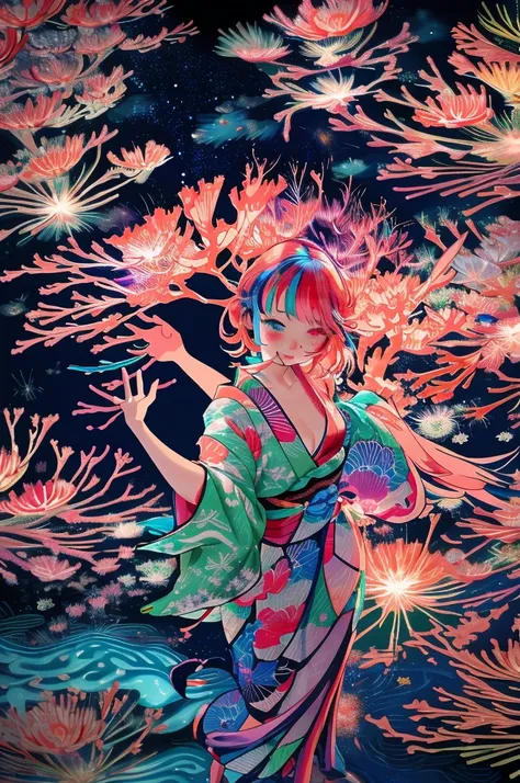 microphotography, anime girl made of glass in kimono silhouette, vibrant rainbow river, fireworks in night sky, colorful coral r...