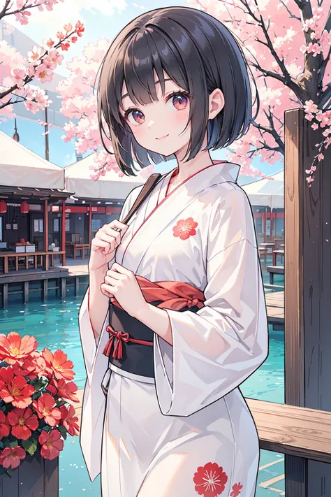 Photorealistic、Highest quality、Highest Resolution、Highest quality、８Ｋ、1人のBeautiful woman、Beautiful woman、Beautiful woman、cute、Bob Cut Hair、Dark Hair Color、Floral red yukata、Summer festival、noon、morning、cloudy、Lots of food stalls、looks fun、smile、