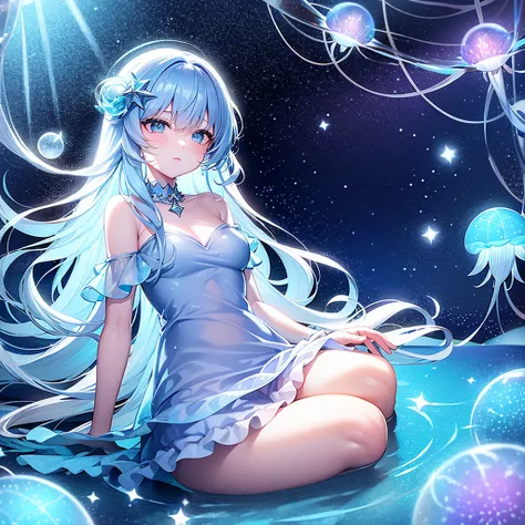 ((inside a big glass ball))(underwater) (floating bubbles) Under the sea ((fantastic starry sky )) (jellyfish) （Healing）((little))  (transparent dress)（sit）  The Little Mermaid   pink hair
 blue Eye