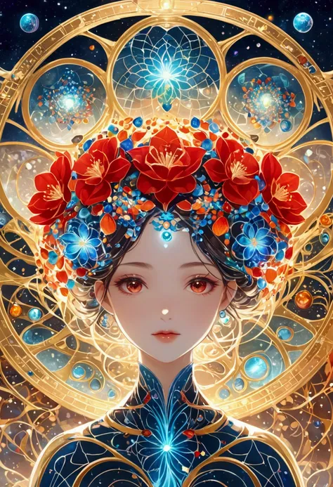 Anime style，Dynamic Angle，Beautiful girl with blue gradient dissolving pixels，The delicate face gradually disappears, Twisted but still fascinating, Thousand Flower Glass, swirl, Abstract Aesthetics, fantasy，magic，mystery，illusory，Dreamy，futuristic tech we...