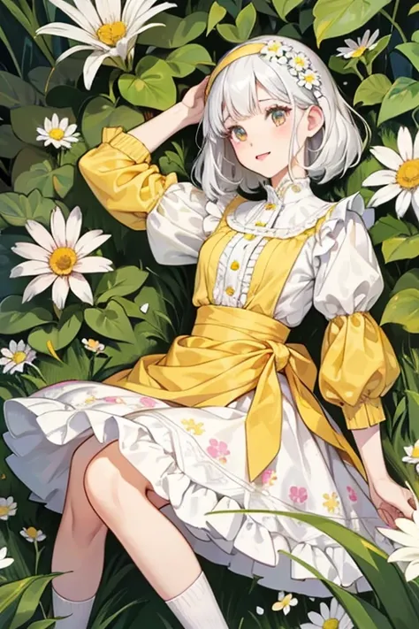 Happy is a fair-skinned girl with pale pink cheeks and black button eyes. She has pure white hair with short bangs. Daisies are on both sides of her head and she wears a yellow headband.

Her dress consists of a yellow blouse and a floral shaped white skir...