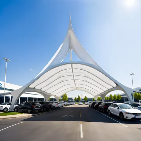 Cars parked in a parking lot under a white structure, canopee, Business photo, tent architecture, shutter, in style of zaha hadid architect, Canopies, norman foster style, low angle wide shot, Extremely detailed front angle, 9 ball.8mm wide angle lens, Ful...