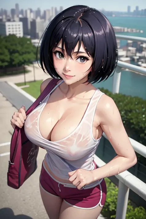 masterpiece, best quality,  sakurada, pink tank top, short pants, large breasts, cleavage visible, wet clothes,from above, park, looking at viewer, city scape, smile, bridge