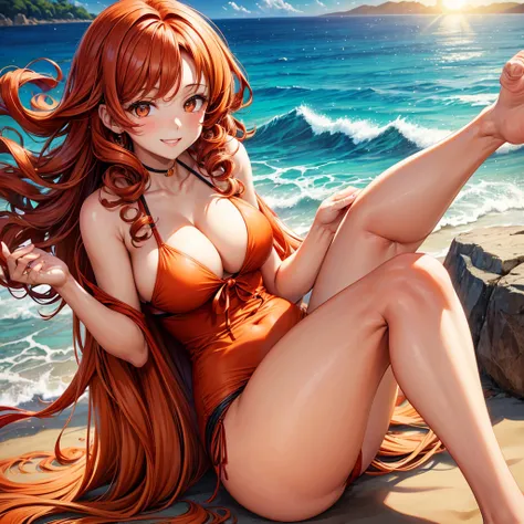 Curly hair woman, red and orange hair, black almond eyes, the expression is relaxed but with a smile,the background is a beach at sunset 