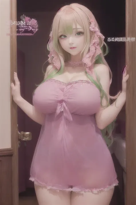 anime girl in pink lingerie with green hair and green eyes, ,  in dress, shirabii, , oppai, big breasts!!, sie boob, draped in fleshy green and pink, fluffy chest, with a large breasts, highly_detailed!!, big breasts!, thicc, oppai proportions