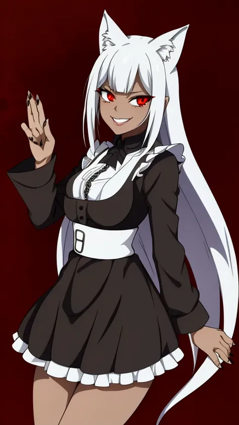 White hair，bit girl，dual horsetail，black-skinned，One eye is covered by bangs，cat ear，the maid outfit，Devilish charm，Sinister smile，Black whites of the eyeagic Array，Black and red background，slope，Cthulhu，Dark