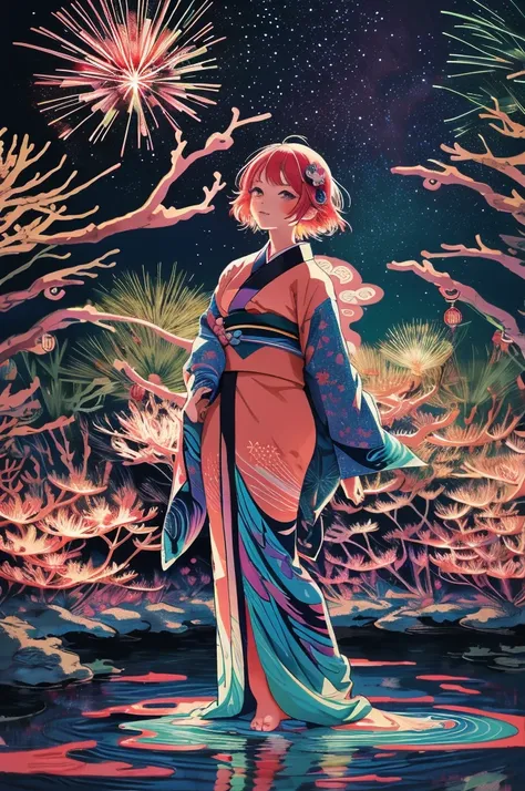 microphotography, anime girl made of glass in kimono silhouette, vibrant rainbow river, fireworks in night sky, colorful coral r...