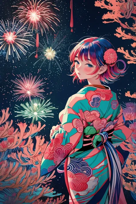 microphotography, anime girl made of glass in kimono silhouette, vibrant rainbow river, fireworks in night sky, colorful coral r...