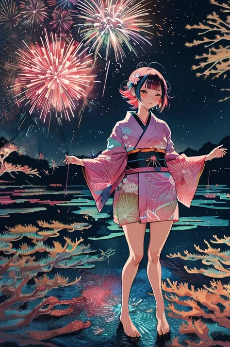 microphotography, anime girl made of glass in kimono silhouette, vibrant rainbow river, fireworks in night sky, colorful coral r...