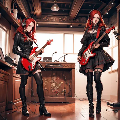 avant-garde painting,beautiful American girl,long red hair,headphones,Gothic maid clothes,leather long black boots,Electric guitar,2022s surrealism fashion illustration