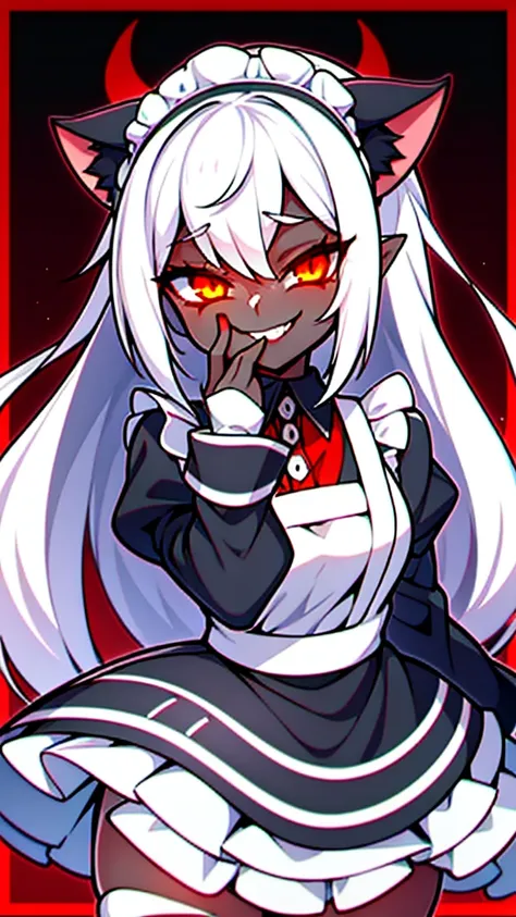 white hair，bit girl，dual horsetail，black-skinned，one eye is covered by bangs，cat ear，the maid outfit，devilish charm，sinister smi...