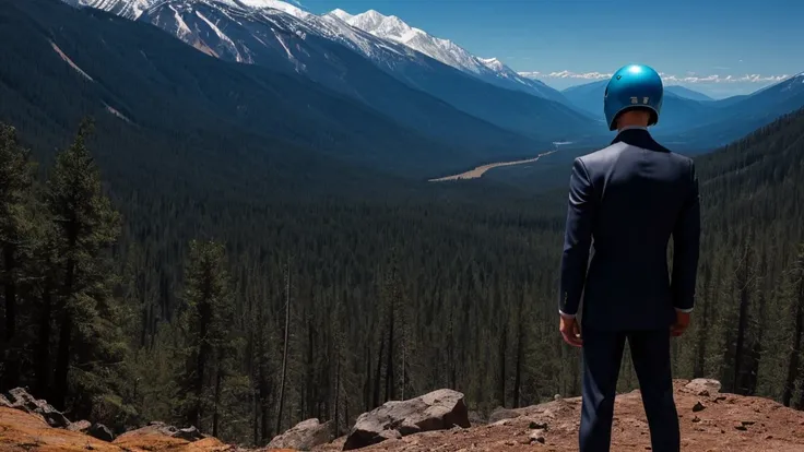 a luxury sales suit man wearing a black rider full-face helmet overlooking wilderness,full body,standard rider black full face h...