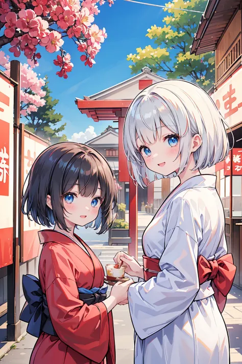 Photorealistic、Highest quality、Highest Resolution、Highest quality、８Ｋ、1人のBeautiful woman、Beautiful woman、Beautiful woman、cute、Bob Cut Hair、Dark Hair Color、Light blue eyes、花柄のRed yukata、Red yukata、Summer festival、noon、morning、cloudy、Lots of food stalls、looks...