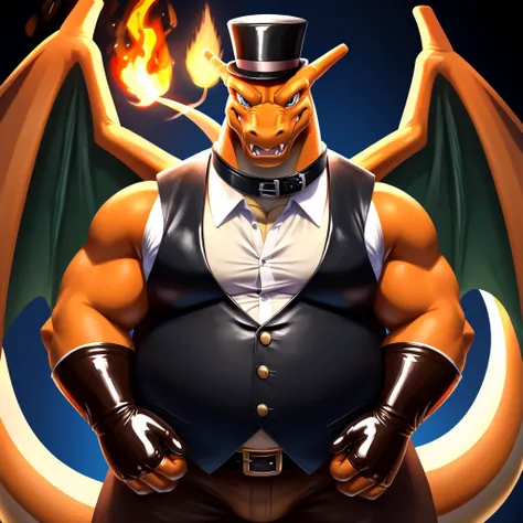 Solo, Male, fat, extremely obese, gentleman, dapper Professor Charizard, blue eyes, (posing:1.3), (soft shading), 4k, hi res, ((detailed face, detailed)), looking at viewer, mouth wide open, steampunk, collared shirt with buttons, top hat, male focus, Expl...