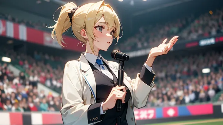 A female announcer in a suit is broadcasting live from Koshien Stadium.。Blonde ponytail。