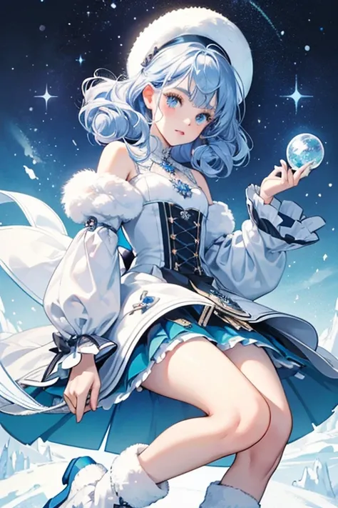 Ivory Ice Crystals is a fair-skinned girl with typical black button eyes and pale pink cheeks. Her hair is metallic blue and glittery! She has straight cut bangs with a single curl on the left side of her head while her hair is worn up around her head in m...